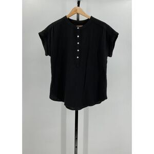 Quince Women's 100% Organic Cotton Gauze Roll Sleeve Shirt Black XS